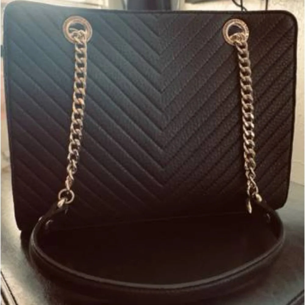 NEW! Karl Lagerfeld Black and Gold Chevron Charlotte Satchel Shoulder Bag - Picture 2 of 10